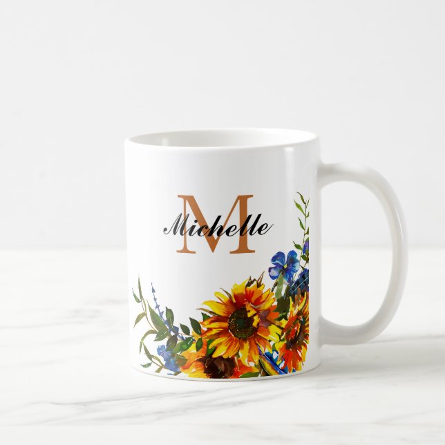 Elegant Girly Yellow Sunflower Name Monogram Mug (Right)