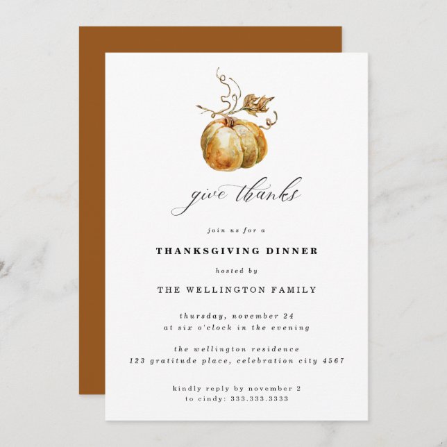 Elegant Give Thank Watercolor Pumpkin Thanksgiving Invitation (Front/Back)