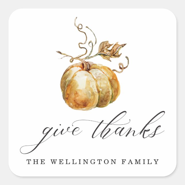 Elegant Give Thank Watercolor Pumpkin Thanksgiving Square Sticker (Front)