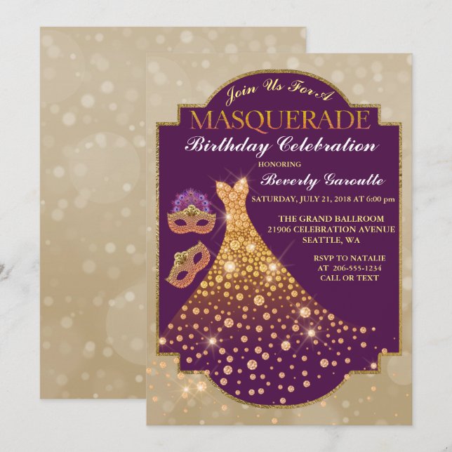 Elegant Glam Birthday Masquerade Invitation (Front/Back)