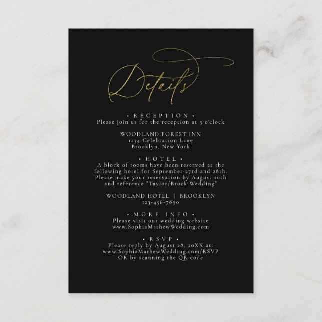 Elegant Glam Black and Gold Wedding Details Enclosure Card (Front)