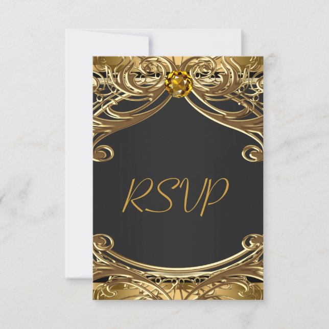Elegant Glam Black and Gold Wedding RSVP Card (Front)