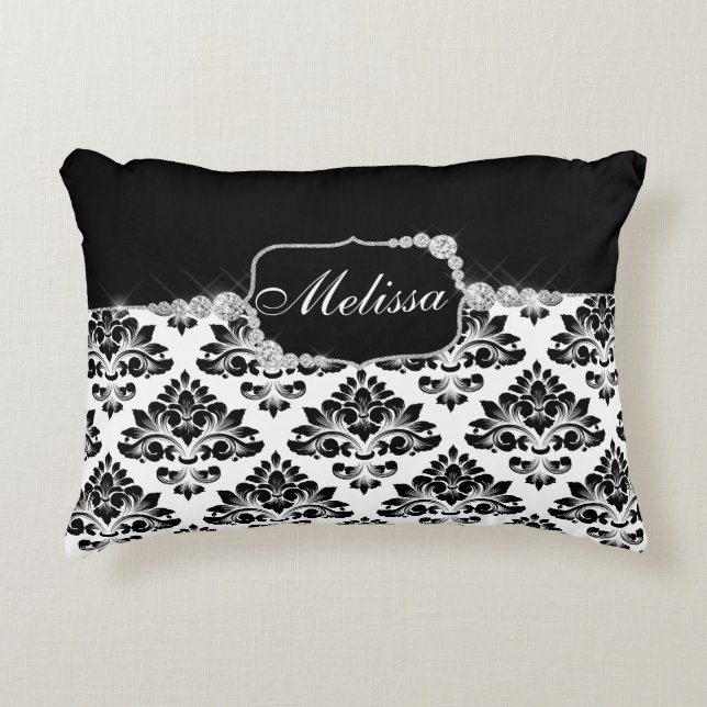 Elegant Glam Black White Damask Diamonds Decorative Cushion (Front)