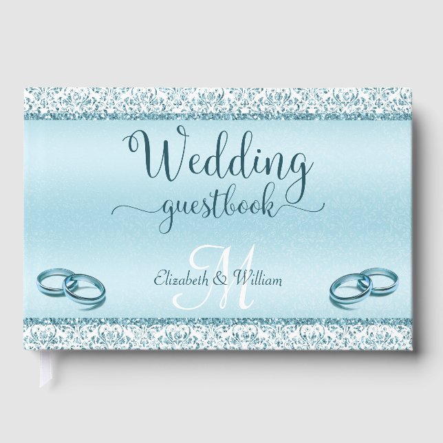 Elegant Glam Blue Damask Metallic Wedding Guest Book (Front)