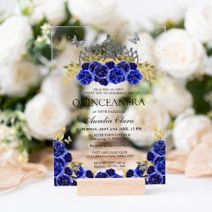 Elegant Glam Blue Floral Silver Tiara Quinceanera Acrylic Invitations