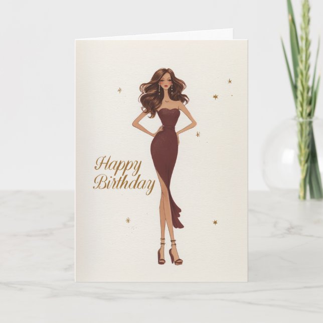 Elegant Glam Brunette Brown Gown Fashionista BDay Card (Front)