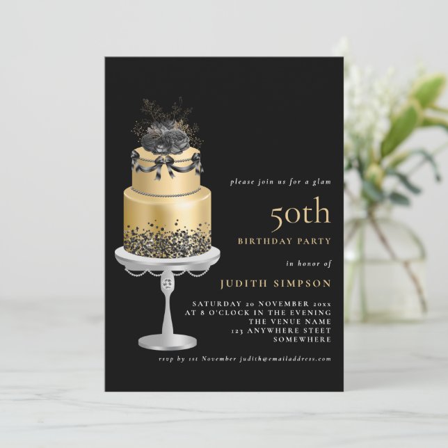 Elegant Glam Cake Florals Gold 50th Birthday Black Invitation (Standing Front)