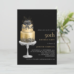 Elegant Glam Cake Florals Gold 50th Birthday Black Invitation