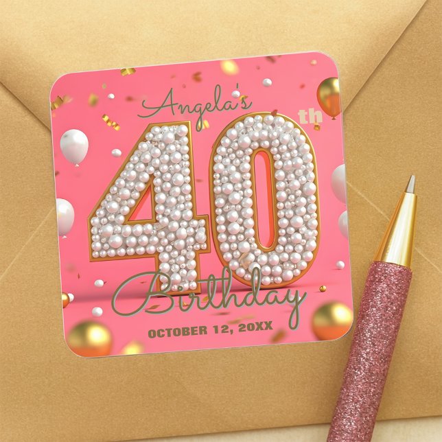 Elegant Glam Chic Pink Gold Pearly 40th Birthday Square Sticker (Creator Uploaded)