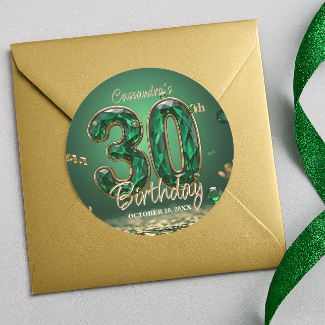 Elegant Glam Emerald Green Gemstones 30th Birthday Classic Round Sticker (Creator Uploaded)