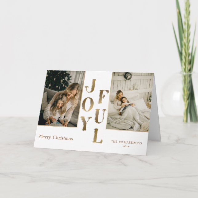 Elegant Glam Gold Joyful Typography & Photo Holiday Card (Front)