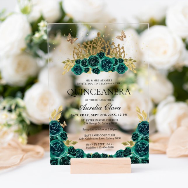 Elegant Glam Green Floral Gold Tiara Quinceanera Acrylic Invitations (Creator Uploaded)