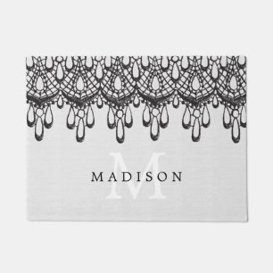 Elegant Glam Grey Linen and Black Lace Monogram Doormat