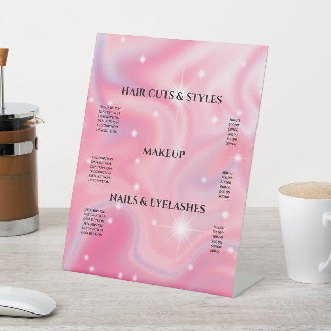 Elegant Glam Iridescent Holographic Price List  Pe Pedestal Sign (In SItu)