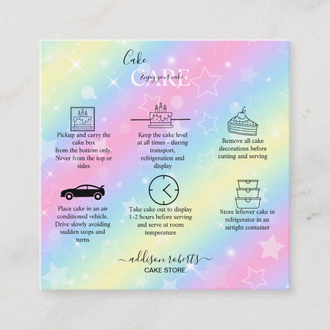 Elegant Glam Iridescent Sparkle Cake Care  Square  Business Card (Front)