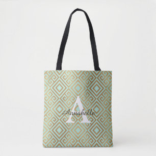 Elegant Glam Mint Green Gold Monogram Geometric Tote Bag