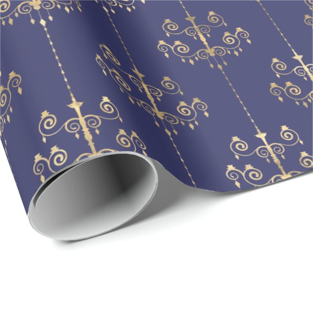 Elegant Glam Navy Blue Gold Pattern Wrapping Paper (Roll Corner)