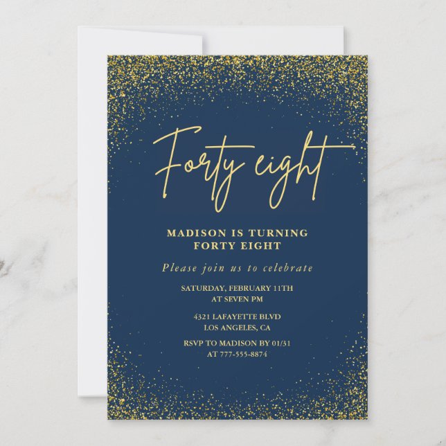 Elegant Glam Navy Gold Glitter 48th birthday Invitation (Front)