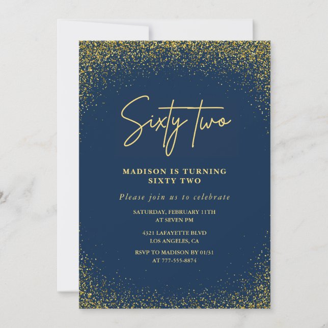 Elegant Glam Navy Gold Glitter 62nd birthday Invitation (Front)