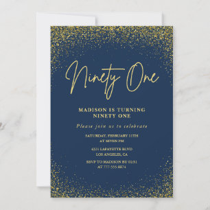 Elegant Glam Navy Gold Glitter 91st birthday Invitation