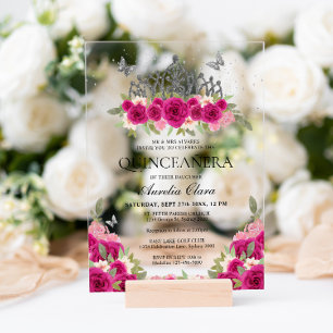 Elegant Glam Pink Floral Silver Tiara Quinceanera Acrylic Invitations