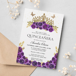 Elegant Glam Purple Floral Gold Tiara Quinceanera Invitation