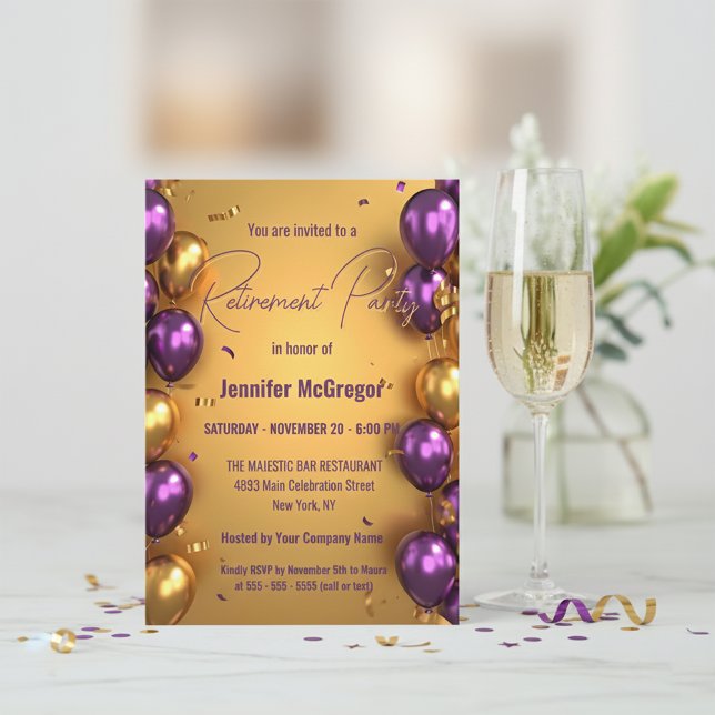 Elegant Glam Purple Gold Balloons Retirement Party Invitation (Creator Uploaded)