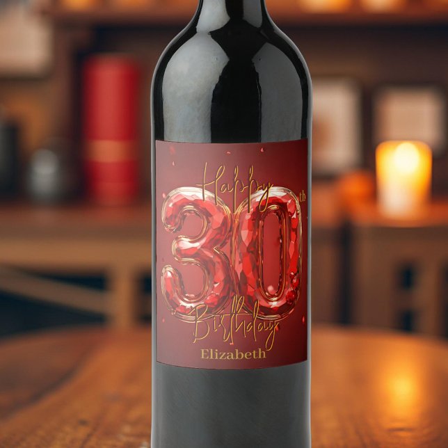 Elegant Glam Red and Gold Gemstone 30th Birthday  Wine Label (Creator Uploaded)