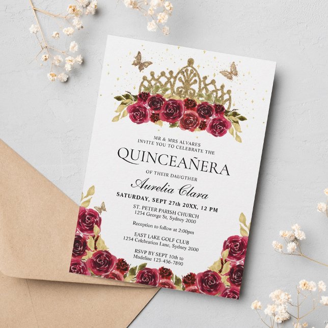 Elegant Glam Red Floral Gold Tiara Quinceanera Invitation (Creator Uploaded)