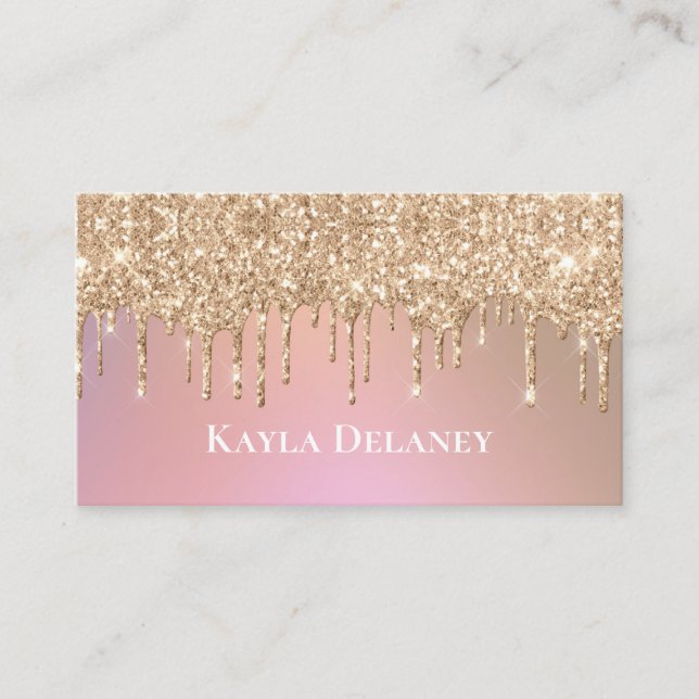 Elegant Glam Rose Gold Glitter Drip Business Card (Front)