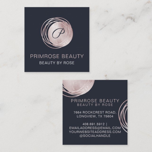 Elegant Glam Rose Gold Luxury Abstract Monogram Square Business Card (Front/Back)