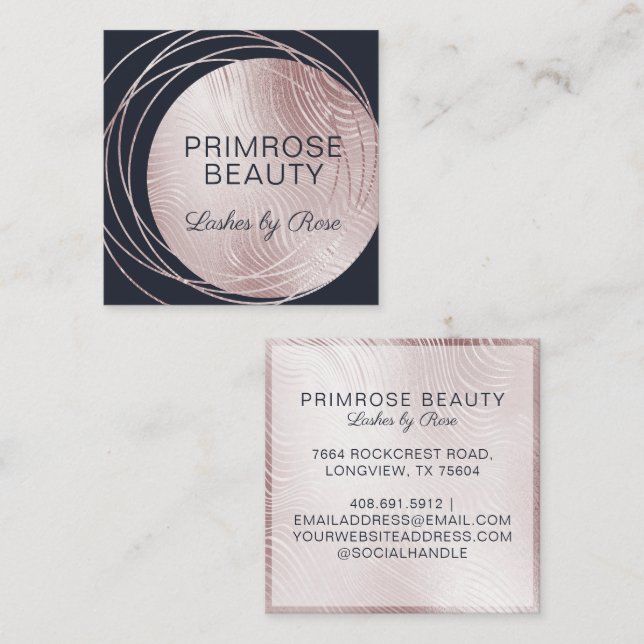 Elegant Glam Rose Gold & Navy Luxury Abstract Square Business Card (Front/Back)