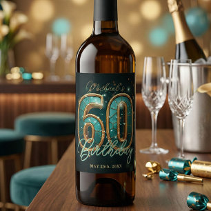 Elegant Glam Teal Gold 60th Milestone Birthday Wine Label