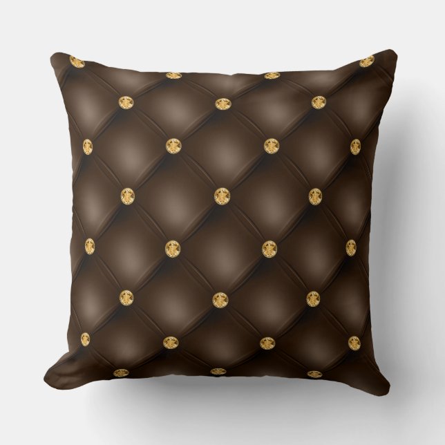 Elegant Glam Tufted Gold Diamond Chocolate Brown Cushion (Front)