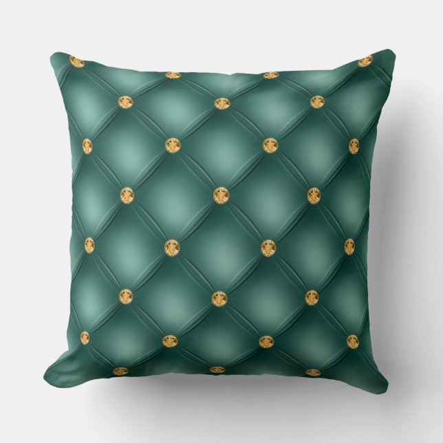 Elegant Glam Tufted Gold Diamond Teal Green Cushion (Front)