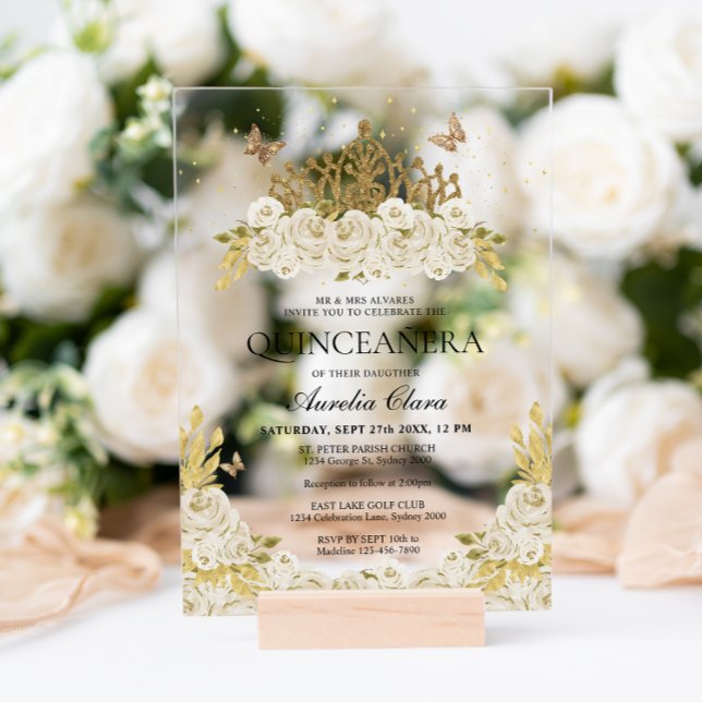 Elegant Glam White Floral Gold Tiara Quinceanera Acrylic Invitations (Creator Uploaded)