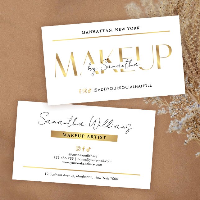 Elegant Glam White & Gold Effect Makeup Artist Business Card (Elegant makeup business cards with faux gold effects, modern layout and space for your contact info)