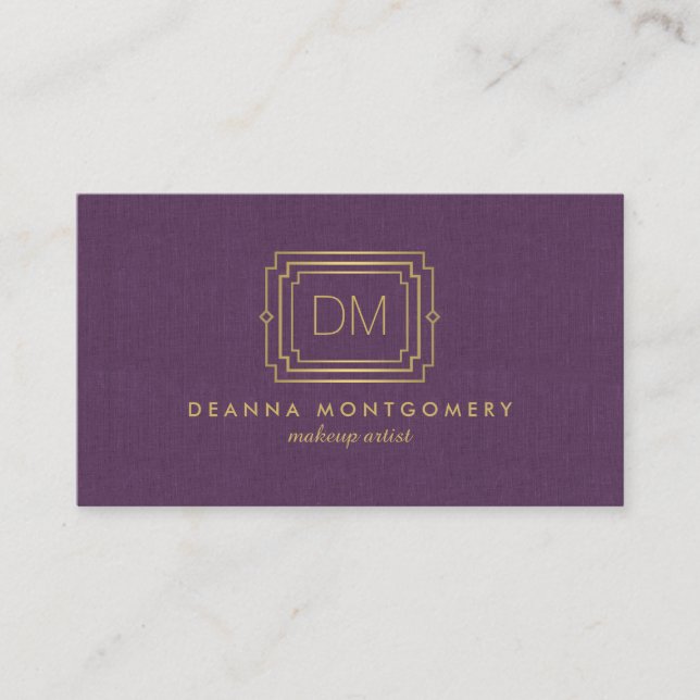 Elegant Glamour Art Deco Monogram Purple/Gold Business Card (Front)