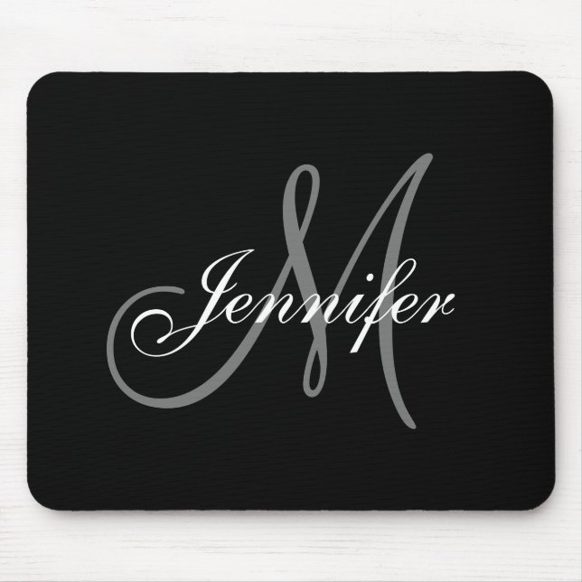 Elegant Glamour Black White Grey Monogram Name Mouse Pad (Front)