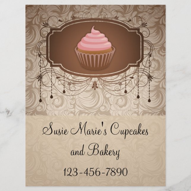 Elegant Glamour Mocha Damask Cupcake Design Flyer (Front)