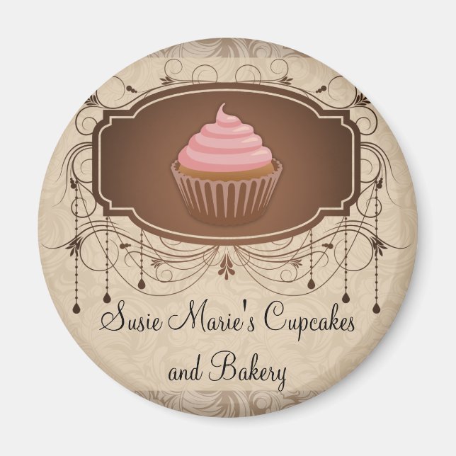 Elegant Glamour Mocha Damask Cupcake Design Magnet (Front)