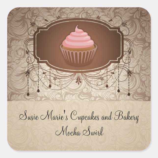 Elegant Glamour Mocha Damask Cupcake Sticker Label (Front)