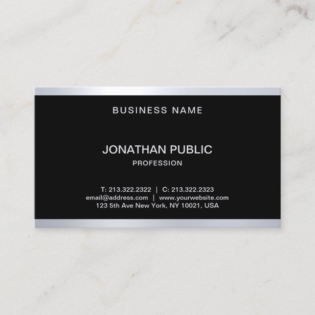 Elegant Glamourous Black And Silver Cool Modern Business Card (Front)