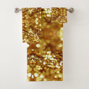 Elegant Glamourous Gold Look Pattern with Name Bath Towel Set