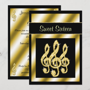Elegant, Glamourous Gold Treble Clefs Sweet 16 Invitation