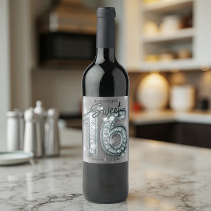 Elegant Glamourous Silver and Diamond Sweet 16 Wine Label