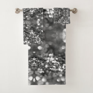Elegant Glamourous Silver Grey Pattern Add Name Bath Towel Set