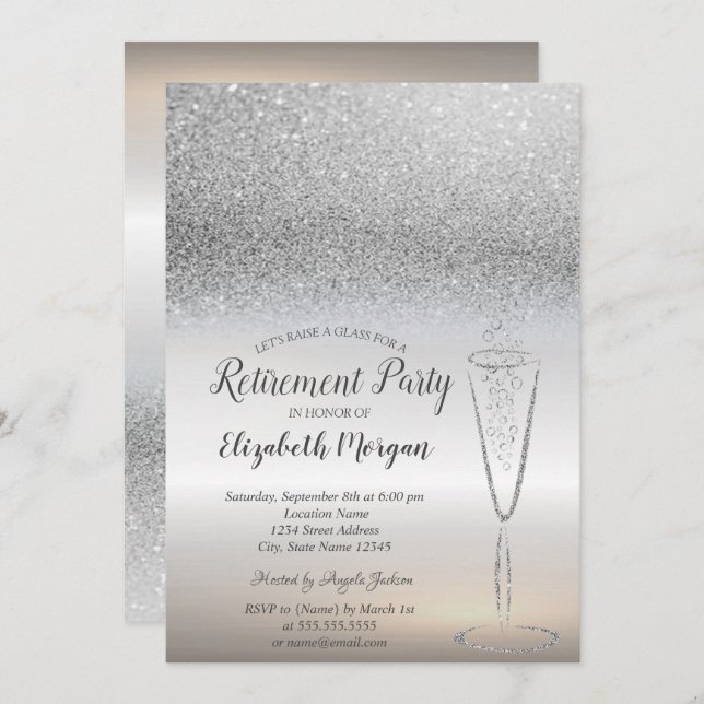 Elegant Glass Silver Glitter Bokeh Retirement Invitation (Front/Back)