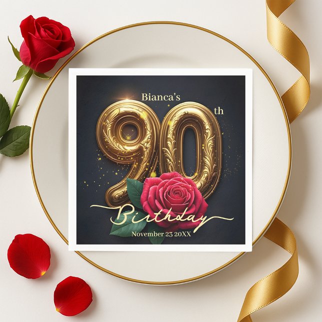 Elegant Glimmering Red Rose Gold 90th Birthday  Napkin (Creator Uploaded)
