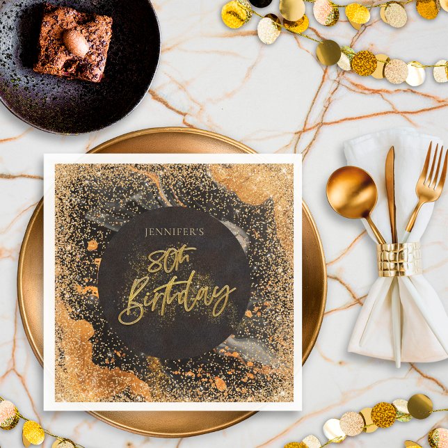 Elegant Glitter 80th Black and Gold Birthday Napkin (Creator Uploaded)